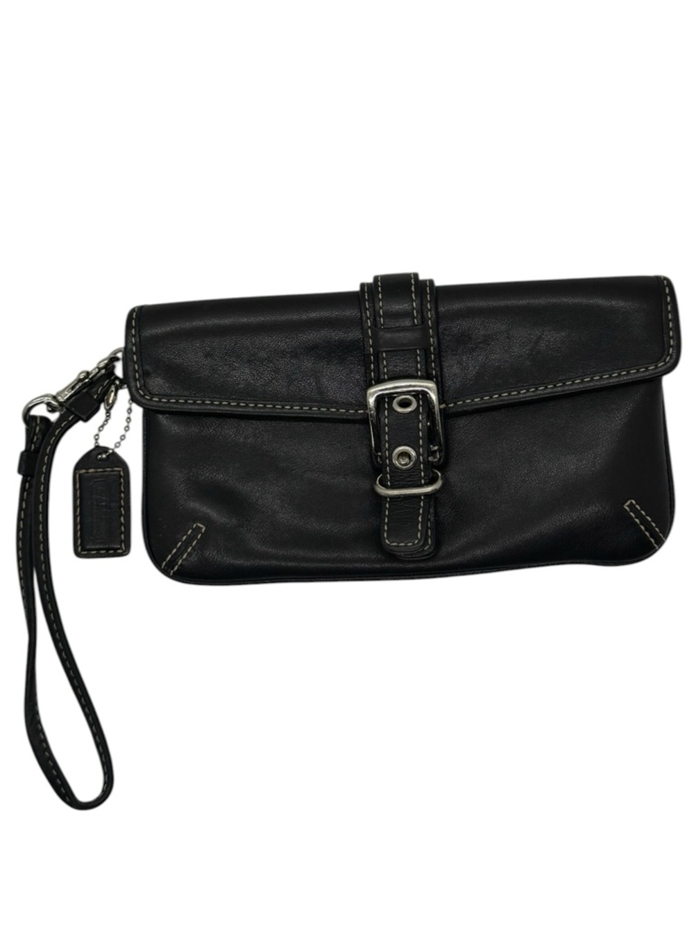 Vintage Coach Soho Leather Black Stitched Wristlet With Silver Buckle Wallet